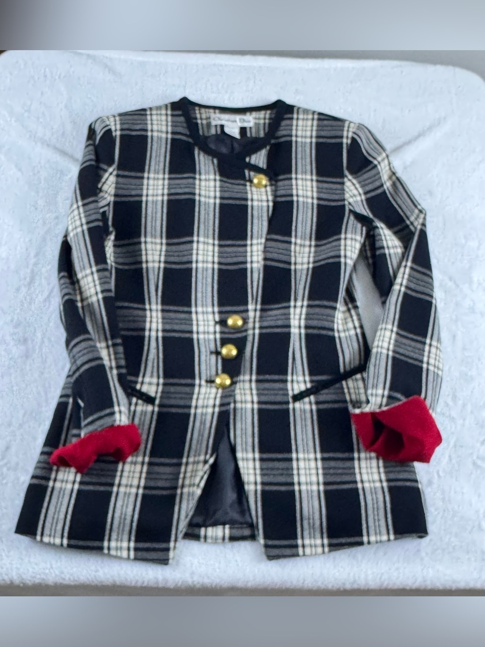 Vintage Christian Dior Size 4 Plaid Jacket Skirt Suit Set Gold CD Buttons
